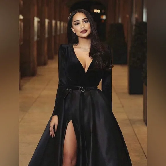 Long Sleeve Velvet Satin V Neck Formal Dress High Split Evening Gown Poc… - Picture 5 of 9